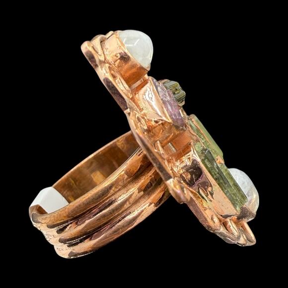 Pink Green Tourmaline Moonstone Wide Band Copper Ring Sz 8.25 Handmade Artisan - Picture 5 of 5